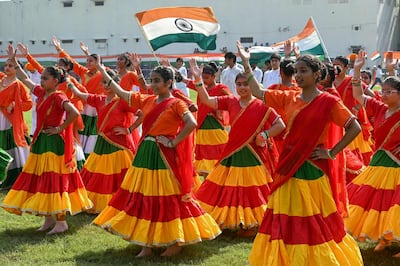 Schoolgirls dance during a dress rehearsal for Indian Independence Day celebrations in Amritsar, northern India. AFP