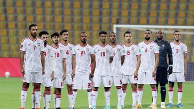 The UAE team line up before the game against Malaysia. Chris Whiteoak / The National