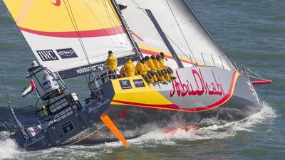The new Azzam, a 65-foot carbon racing yacht in which Abu Dhabi Ocean Racing (ADOR) will contest the Volvo Ocean Race 2014-15, undergoes testing in the Solent Straits near Southampton, England, on March 9, 2014. Courtesy Ian Roman / Abu Dhabi Ocean Racing