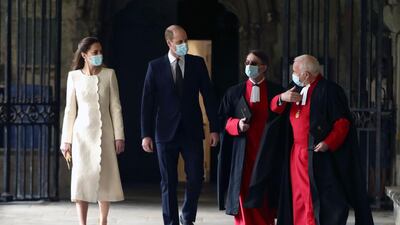 Prince William and Catherine, Duchess of Cambridge arrive for a visit to the vaccination center at Westminster Abbey, London, to pay tribute to the efforts of those involved in the Covid-19 vaccine rollout. The UK is marking a national day of reflection a year after the first lockdown was announced. AP Photo