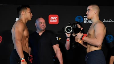 Punahele Soriano and Dusko Todorovic of Serbia face off during the UFC weigh-in at Etihad Arena on UFC Fight Island. Jeff Bottari / Zuffa LLC / Getty Images / UFC