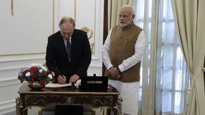Russian President Vladimir Putin meets the Indian Prime Minister Narendra Modi. EPA