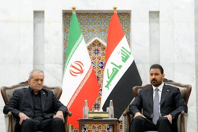 Iraqi Prime Minister Ali Al Zaidi, right, with Iranian President Masoud Pezeshkian in Najaf, before a funeral event for Ayatollah Ali Khamenei. AFP