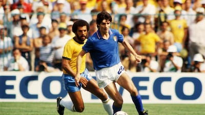 The Brazilians, in golden yellow, dazzled but Italy’s Paolo Rossi outshone them in the summer of 1982. Getty Images