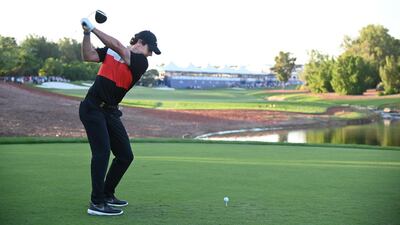 Rory McIlroy tees off on the 18th hole on day two. Getty