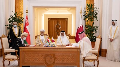 Sultan Haitham and Sheikh Tamim witness the signing of agreements between their countries. Photo: @QNAEnglish