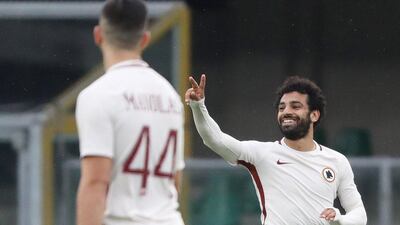 Roma's Mohamed Salah celebrates after scoring against Chievo at Bentegodi stadium in Verona, Italy, 20 May 2017. Simone Venezia / EPA