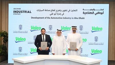 The agreement was signed by Arafat Al Yafei, executive director of the Abu Dhabi Department of Economic Development's Industrial Development Bureau, and Tamer Aly, Valeo Egypt's general manager, in the presence of Rashed Al Blooshi, undersecretary of the department. Photo: Added