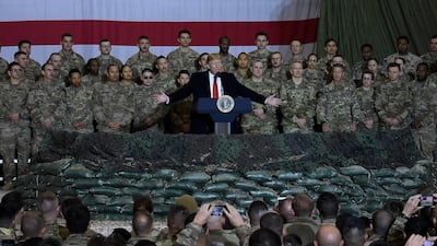 Donald Trump speaks to the troops at Bagram Air Field in Afghanistan, which the US will be tempted to retain. AFP
