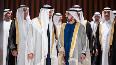 President Sheikh Mohamed, Sheikh Mohammed bin Rashid, Vice President and Prime Minister, and Sheikh Saud bin Saqr Al Qasimi, UAE Supreme Council Member and Ruler of Ras Al Khaimah, tour the Zayed National Museum. All photos: UAE Presidential Court
