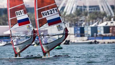 Sailors practice in the waters near Marina Mall on Wednesday ahead of Thursday's start to the 2015 ISAF Sailing World Cup Final in Abu Dhabi. Pedro Martinez / Sailing Energy / ISAF