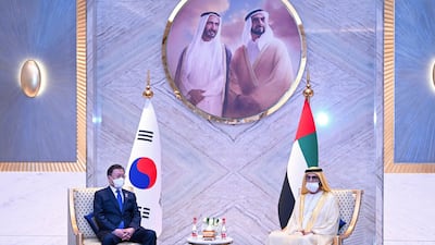 Sheikh Mohammed bin Rashid, Vice President and Ruler of Dubai, meets Moon Jae-in, President of South Korea, at Zaabeel Palace in Dubai. Photo: @ShkMohd / Twitter
