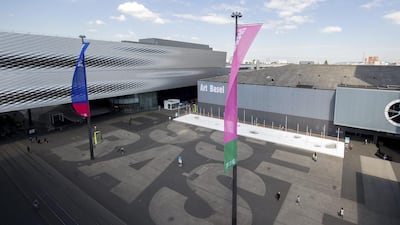 The Art Basel logo is displayed on June 16, 2014 in Basel, Switzerland. Harold Cunningham / Getty Images
