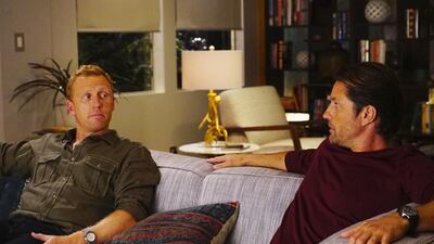 Martin Henderson, right, and Kevin McKidd on the set of the hit TV show Grey’s Anatomy, which begins its 13th season tomorrow night on OSN First HD. Getty Images