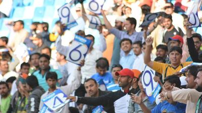 Fans shown on Friday at Dubai International Cricket Stadium during the Pakistan Super League T20 match between Lahore Qalandars and Karachi Kings. Photo Courtesy / PSL