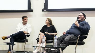 From left: David Llorente, the chief executive of Narrativa; Sarah Jones, the founder of Mini Exchange; and Alborz Toofani, the founder of Snappcard, spead at New York University Abu Dhabi’s StartAD programme. Reem Mohammed / The National