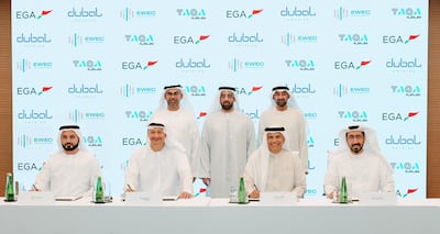 Representatives of Emirates Global Aluminium, Abu Dhabi National Energy Company, Dubal Holding, and Emirates Water and Electricity Company at the signing of the deals. Photo: EGA