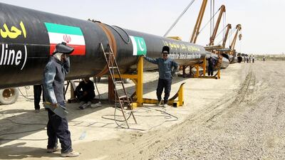 A broder section of the pipeline linking Iran and Pakistan. The Pakistani government is having a hard time funding construction of its side of the gas pipeline. Atta Kenare / AFP
