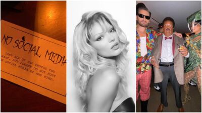 Kendall Jenner's 25th birthday party has come under fire. From left: The 'No social media' flyer circulated at the event; Jenner in costume as Pamela Anderson; guests in costume: Scott Disick, The Weeknd and Kylie Jenner. Twitter, Instagram