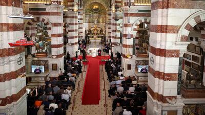 Pope Francis at Notre-Dame de la Garde. The basilica’s statue of the Virgin Mary stands as a symbol of protection for all on land or at sea. Reuters