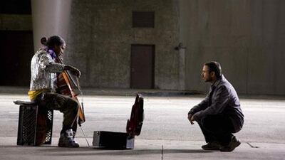 Jamie Foxx, left, as Nathaniel Ayers and Robert Downey Jr as the journalist Steve Lopez in The Soloist.