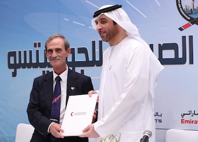 Panagiotis Theodoropoulos, President of the International Jiu-Jitsu Federation, and Fahad Abdulrahman bin Sultan from UAE Red Crescent pose for photograph after signing a document in Abu Dhabi to train Jiu-Jitsu to refugees in Jordan. Ravindranath / The National