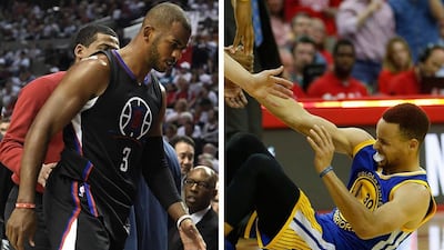 Chris Paul and Stephen Curry are each helped off following injuries in play-off games. (Composite from Getty, AP photos)