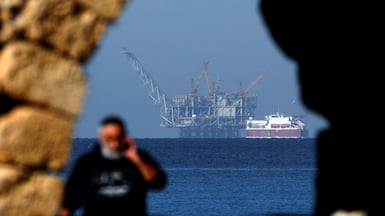 A view of the platform of the Leviathan natural gas field in the Mediterranean Sea is pictured from the Israeli northern coastal city of Caesarea on December 19, 2019. AFP