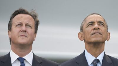 The British prime minister David Cameron and US president Barack Obama watch a Nato flypast on final day of the alliance summit in Newport, south Wales, on September 5, 2014. Rowan Griffiths / EPA