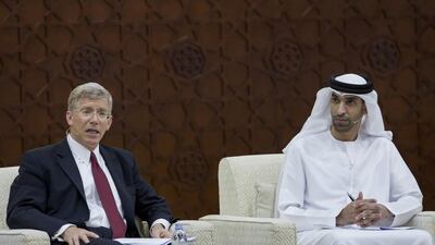 Daniel B Poneman, deputy secretary of energy for the United States, with Dr Thani Al Zeyoudi during the Sheikh Mohammed bin Zayed majlis at Al Bateen Palace. Donald Weber / Crown Prince Court – Abu Dhabi