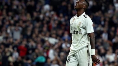 epa07402579 Real Madrid's Vinicius Jr reacts after spurning a chance. EPA