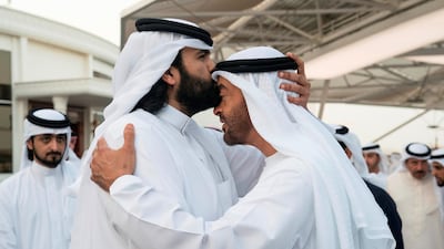 Sheikh Mohammed bin Zayed bids farewell to Sheikh Sultan bin Suhaim, after a meeting at a Sea Palace barza. Ryan Carter for the Crown Prince Court - Abu Dhabi