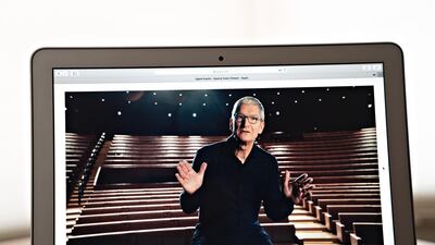 Tim Cook, chief executive officer of Apple Inc., speaks during the Apple Worldwide Developers Conference seen on a laptop computer in Arlington, Virginia, U.S. Apple will walk into its annual development conference facing one of the biggest backlashes from its giant community of creators since the App Store started almost 12 years ago. Bloomberg