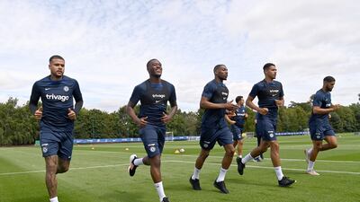 Kenedy, Callum Hudson-Odoi, Dujon Sterling, Levi Colwill and Ruben Loftus-Cheek during a training session at Chelsea training ground.