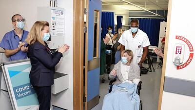 79 year old Annie Lynch from Dublin pictured after being the first person to receive the Pfizer BioNTech Covid-19 vaccine in Ireland, on 29 December 2020. EPA