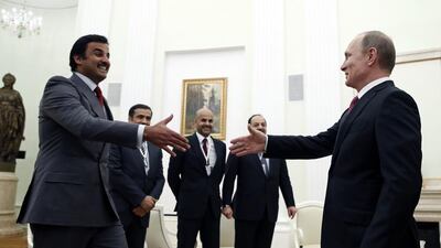Russian president Vladimir Putin meets Qatar's Emir Tamim bin Hamad Al Thani in Moscow, Russia, on January 18, 2016. Yuri Kochetkov/AP