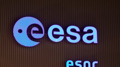 The logo of the European Space Agency at the European Space Operation Centre in Darmstadt, western Germany. AFP