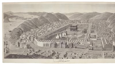 The engraving, the largest of its kind produced at the time, depicts pilgrims arriving for Hajj. It carries an estimate of £12,000-£18,000. Courtesy Sotheby's