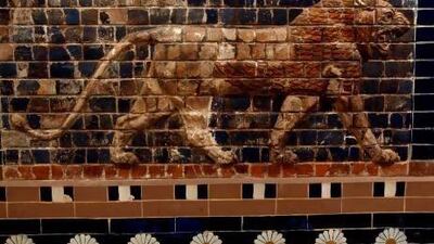 A panel composed of glazed nicks showing a lion, symbolising Ishtar, the goddess of love and war, from the Ishtar gate, Babylon dating to Nabuchadnessar (650-562.B.C.) is displayed at the Iraqi National Museum in Baghdad.