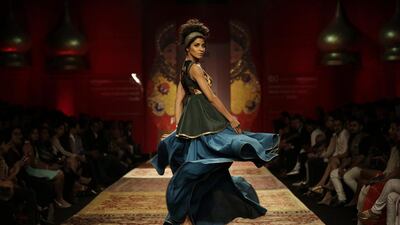 J J Valaya’s collection included gorgeous, jewel-toned skirts. Altaf Qadri / AP Photo