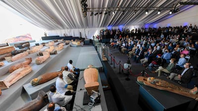 Wooden sarcophagi on display during the unveiling of an ancient treasure trove of more than a 100 intact sarcophagi. AFP