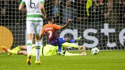 Manchester City’s Raheem Sterling scores his side’s second goal against Celtic. Craig Watson / AP