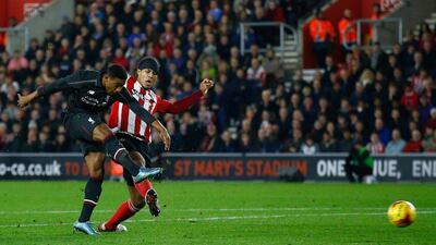 Liverpool’s Jordon Ibe shoots and scores the team’s fifth goal on Wednesday night against Southampton in the League Cup quarter-finals. Clive Rose / Getty Images