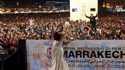 Bollywood actress Madhuri Dixit-Nene takes a selfie during the 15th Marrakech International Film Festival in Morocco. Youssef Boudlal / Reuters