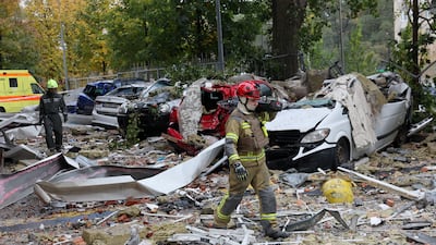 Debris at the site of an apartment building hit by a Russian drone strike on Kyiv. Reuters