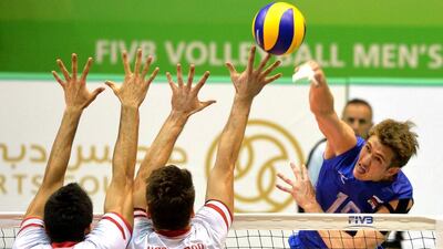 Russia’s Sergei Nikitin in action against Turkey during the U23 World Championship final at Al Nasr in Dubai on Monday. Courtesy FIVB