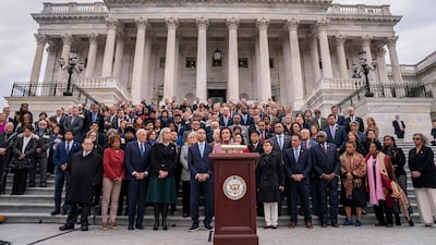 Nancy Pelosi, the former House speaker, speaks during a remembrance ceremony outside the Capitol. Getty / AFP