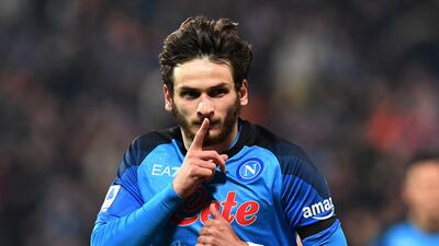 Napoli's Khvicha Kvaratskhelia celebrates after scoring their first goal. Reuters