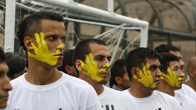Prisoners participate in the opening ceremony of their own Prison World Cup at the Castro-Castro prison in Lima, Peru, on Monday. Mariana Bazo / Reuters / June 2, 2014