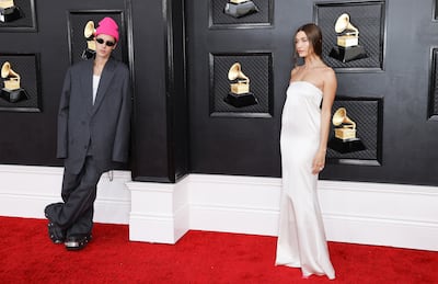 Justin Bieber and Hailey Bieber at the 64th annual Grammy Awards in April. EPA